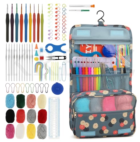 Image of KRENZ 130 Pcs Premium Crochet Knitting Kit for Beginners Crochet Kit Set with Yarn, Hooks, Needles & Tools in Carry Bag Floral Hanging Storage Bag DIY Knitting Craft Starter Set for Adults & Kids