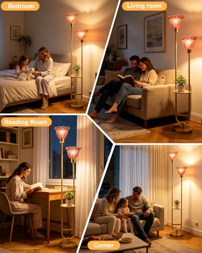 Image of Lightdot 2-Lights Modern Glass Floor Lamp with Table Gold Standing Tall Lamps with Pomegranate Red Glass Shade, LED Floor Lamp with Foot Switch for Living Room Bedroom Home Decor (Bulbs Included)