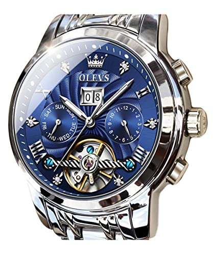 Image of OLEVS Men Automatic Watch Skeleton 5 Hands Mechanical Classic Luxury Multi Calendar Stainless Steel Waterproof Wrist Watch for Men