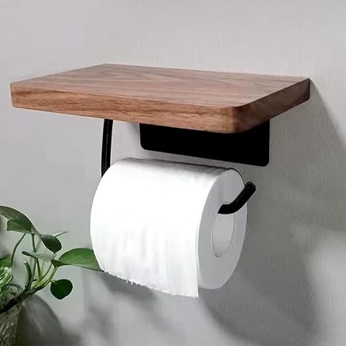 Miniatura 3 de Soporte de papel higiénico con estante de madera de nogal natural, colgador de rollo de papel para colgar en la pared, toallero de papel de acero
