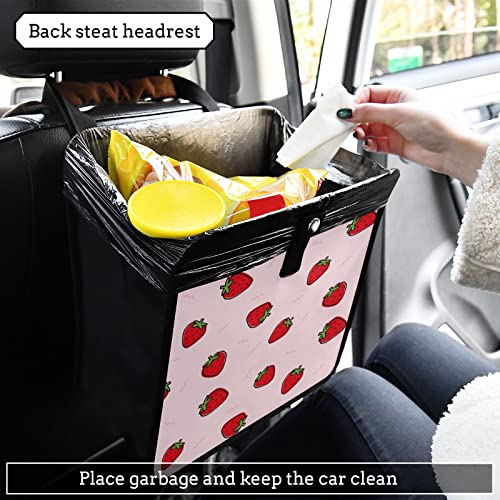 Image of Cute Strawberry Pink Car Trash Can Foldable Hanging Car Trash Bag Bin Auto Garbage Can Leak-Proof Car Organizer(Large)