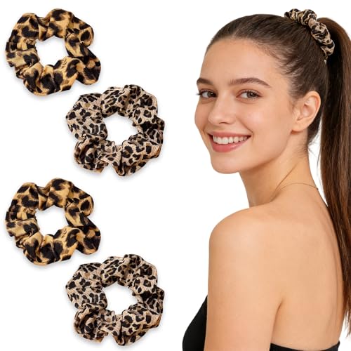 4 Elásticos para Cabello con Estampado de Leopardo, Scrunchies de Leopardo, Elásticos para Cabello Retro con Estampado de Leopardo, Scrunchies Suaves para Cabello Largo, Fino, Grueso o Rizado Niñas
