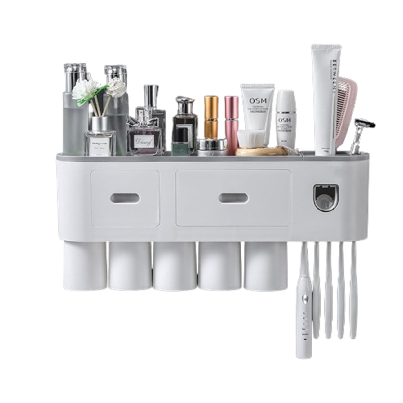 Zahnbürstenhalter Wand Mit Zahnpastaspender, Großer Kapazität Mit Kosmetik-Organizer-Schublade,Pinselschlitzen, Magnetischen Bechern Für Große Familien,Grau,5 Cups