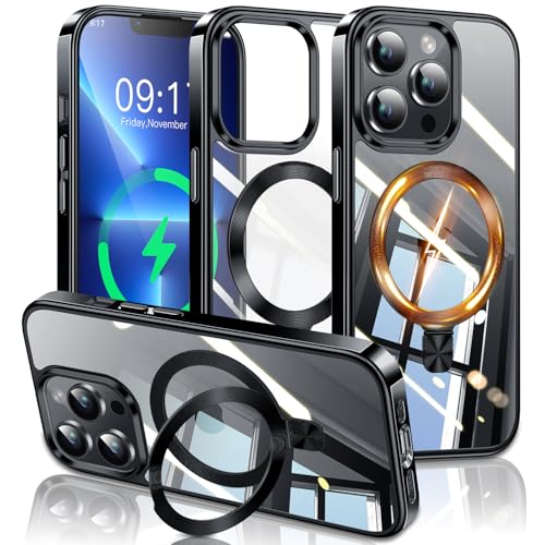Image of ESTPEAK Titanium Black CD Mag-Stand Case for iPhone 13 Pro Case with Invisible Magnetic Ring, [Fit for MagSafe] [Never Yellowing] Top Clear Phone Case Cover for iPhone 13 Pro 6.1 inch Men Women