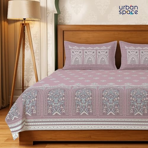 Image of Urban Space Regal 300 TC 100% Cotton Bedsheet for Double Bed, Panel Design Bedsheet, Printed Queen Size Bed Sheet with 2 Pillow Covers (90 x 108 Inches, Jharokha Mauve)