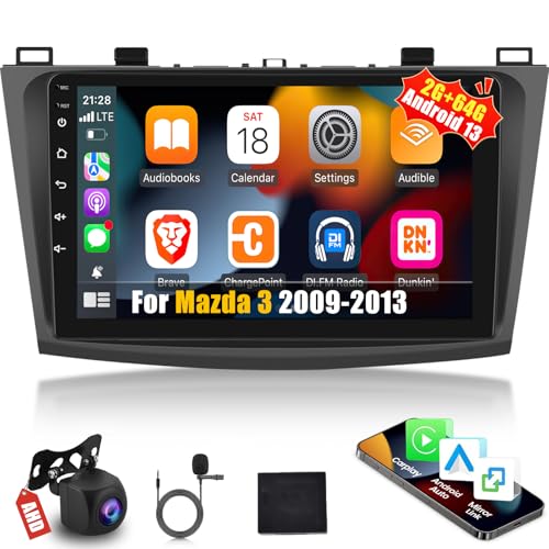 [2G+64G] Car Radio for Mazda 3 2009-2013, Android Mazda 3 Stereo with 9 inch Touch Screen, Carplay/Android Auto/1080P/Bluetooth/WiFi +AHD Backup Camera