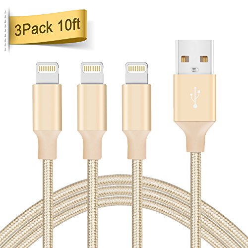 Lighting Cable, Quntis iPhone Charger Cable, 3Pcs 10ft Extra Long Braided 8 Pin Charging and Syncing Wire USB Cord for iPhone 7 7 Plus 6 6 Plus 6S SE 5S 5 iPad Air Mini iPod (Gold)