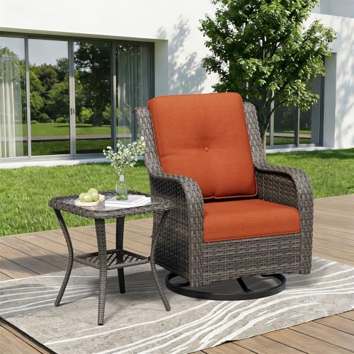 Image of 2 Pieces Outdoor Swivel Rocker Patio Chairs Set - Outdoor Wicker Patio Furniture Sets with 1 Side Table, Olefin Fabric Cushions Suitable for Backyard Deck and Porch, Orange