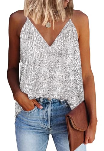 Vcindai Damen Pailletten Top Ärmellos Crop Tops Spaghettiträger Oberteil