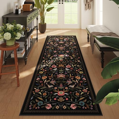 Vowkten Vintage Medallion Floral Washable Runner Rug 2'7"x8', Non-Slip Low Pile Soft Carpet for Hallways, Laundry, Bedroom, Bathroom, Entryway | Black by Vowkten - Used condition - Image 3
