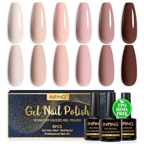 INPING Vernis Semi Permanent Sans HEMA TPO-FREE, 6 Couleurs Nude Rose Marron Vernis Gel UV Semi Permanent, Série Nude Vernis à Ongles Pour Débutant Cadeaux...