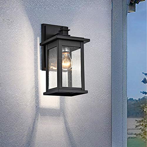 Image of MICSIU 2 Pack Matte Black Outdoor Wall Sconce, 12 Inch Vintage Farmhouse | Square Exterior Light Fixtures with Clear Seedy Glass, Waterproof Outside Wall Mountnt Light for House, Porch, Garage