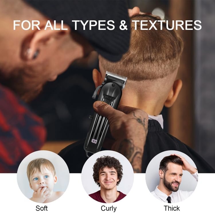 VGR V-282 Hair Clipper being used on a person, with icons indicating suitability for soft, curly, and thick hair types.