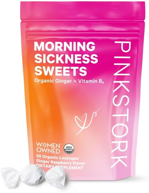 Pink Stork Morning Sickness Sweets, Organic Raspberry Ginger Candy with Vitamin B6 for Morning Sickness Support and Occasional Motion Sickness, Pregnancy Must Haves - 30 Wrapped Drops
