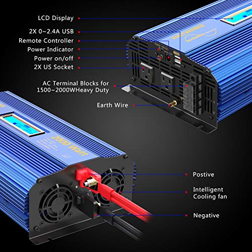 Pure Sine Wave Power Inverter 2000Watt car Converter DC 12V to 120V AC with 2 AC Outlets 2x2.4A USB Ports Remote Control and LCD Display by VOLTWORKS (12VBlue)