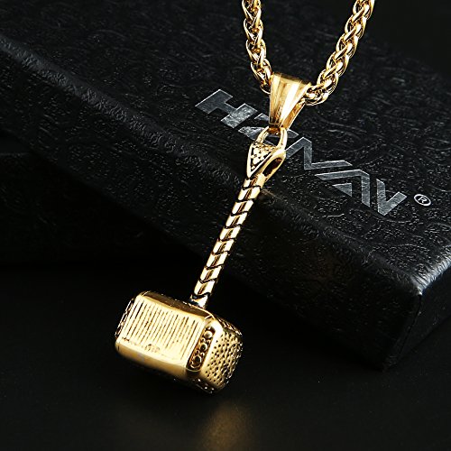 HZMAN Thor Hammer Stainless Steel Necklace for Men and Women Hammer Pendant Necklace 22+2 Inch Chain, Gold