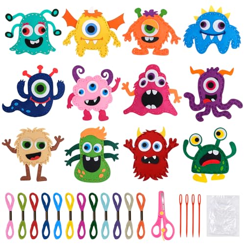 12 Piezas Kit Costura Niños de Fieltro, Kit Manualidades Niños para Principiantes, Set Completo de Costura Monstruo de Fieltro, DIY Costura Regalo Niñas 6 7 8 9 10 Años