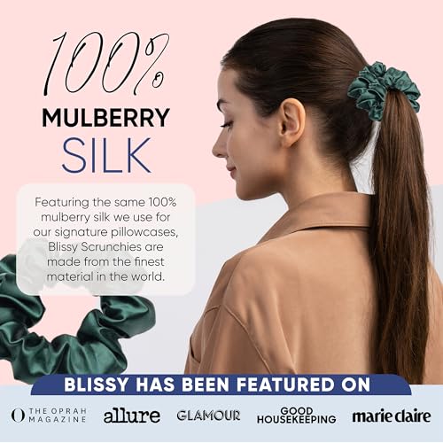 Image of Blissy Silk Scrunchies (3 Pack) - 100% Pure Mulberry Silk - 22 Momme 6A High-Grade Fibers Scrunchie for Straight & Curly Hair (Emerald, Skinny)