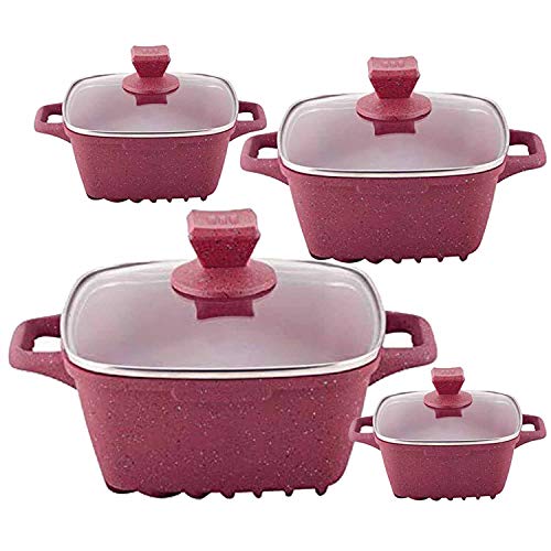Stockpot Set Marbell Square Die-Cast Aluminium with Marble Effect Non-Stick Coating 4pc (Red)