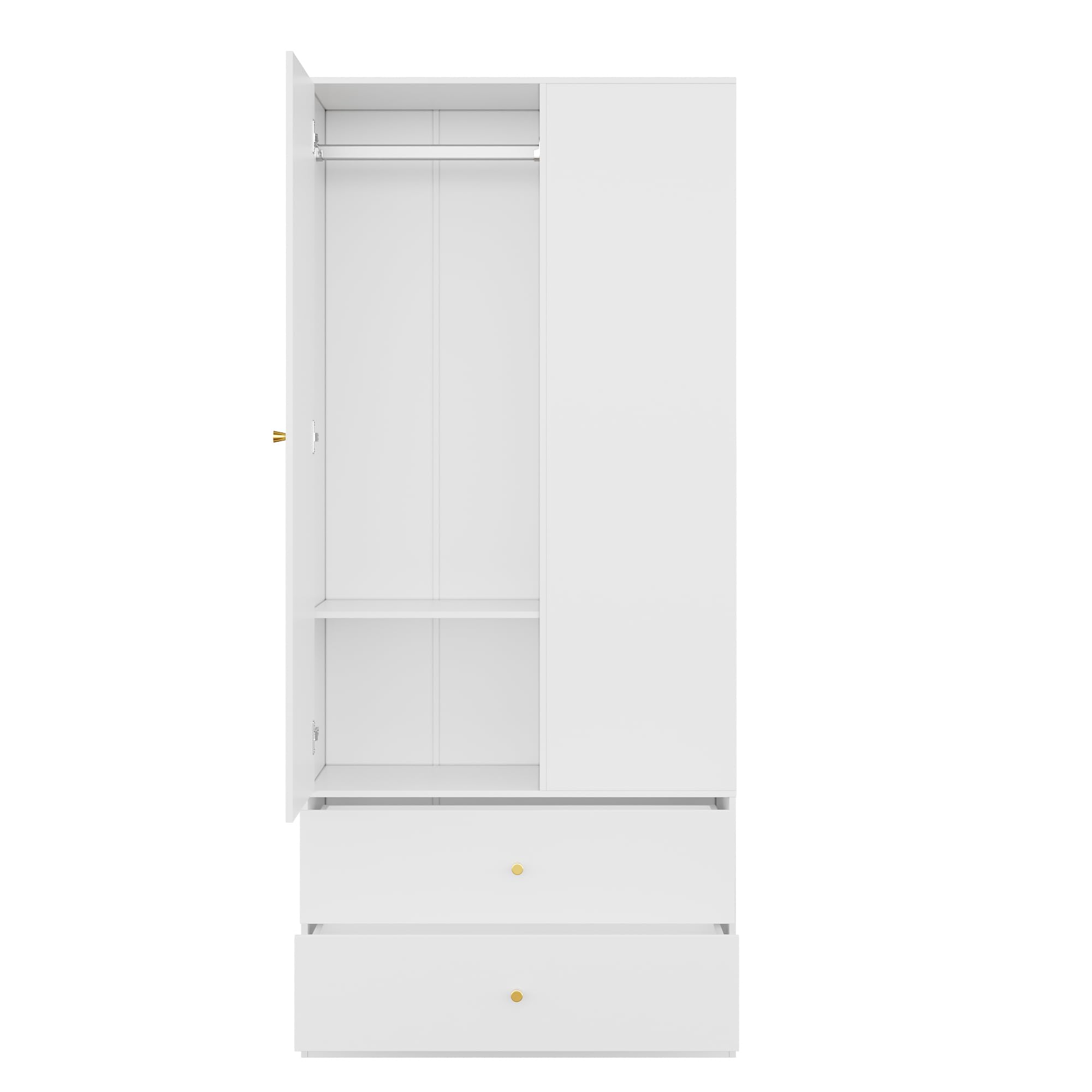 Armario blanco de 80 cm con puerta de espejo y 2 cajones grandes, barra para colgar ropa y estantes laterales, armario estrecho compacto para el dormitorio