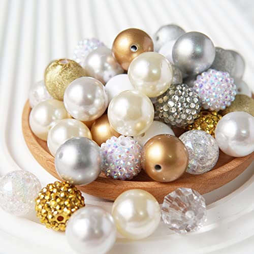 20mm Bubblegum Beads for Pens, 20 mm Bead for Beadable Items Mix, 20 mm Acrylic Beads for Crafting, 50 pcs (Silver/White/Gold)