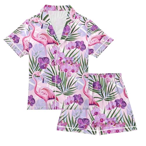 senya Rose Flower Flamingo Satin Summer Pajama Sets Silk Short Sleeve Button Down Sleepwear