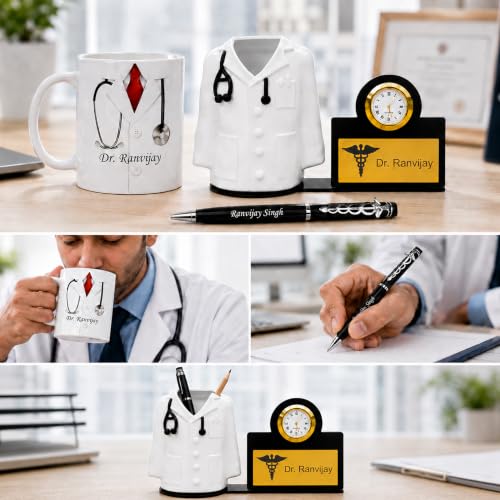 Image of SAVRI Personalized Doctor's Desk Set: Pen, Fiber Pen Stand with Watch & Ceramic Mug - Gift for Family & Friends - Customized with Doctor's Name - Ideal Gift for Doctors & Surgeons