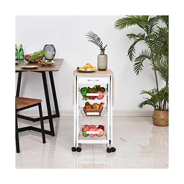 HOMCOM Drop-Leaf Kitchen Cart Trolley w/ 3 Baskets Drawer Surface Top 6 Universal Wheels Rolling Storage Unit Kitchen Home Dining Island White Oak Tone - Image 9