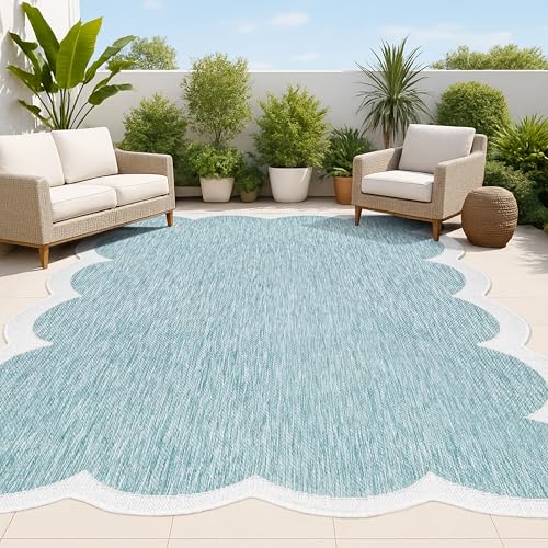 JONATHAN Y Cottage Two-Tone Scalloped Indoor Outdoor Area Rug 9X12 Turquoise/Cream, Alice Classic for Backyard, Patio, Porch, Easy-Cleaning, High Traffic, Pet-Friendly, Non-Shedding (SHP103D-9)