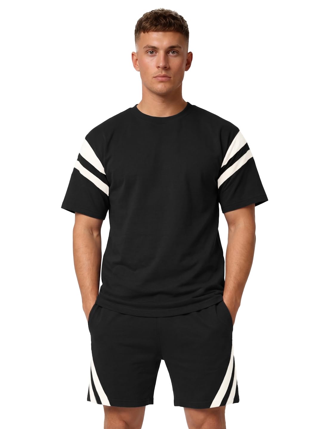chkokko Men Stylish Co-Ord Set with Contrast Sleeve Stripes Round Neck Half Sleeve Tshirt & Shorts Regular Fit Casual Wear Summer Outfit-picture-10