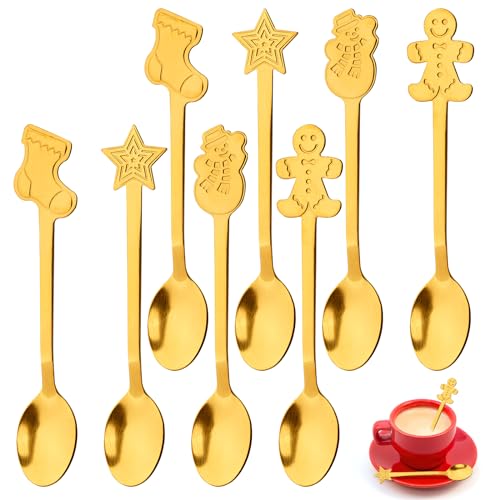8 Stück Weihnachtslöffel Set, Edelstahl Teelöffel, Weihnachten Style Kaffeelöffel, Kleine Dessertlöffel für Kaffee, Tee, Dessert, Eiscreme Party Tischdekorationen (Gold)