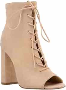 Buy Women's Open Peep Toe Front Lace-Up Bootie Block Chunky Heel