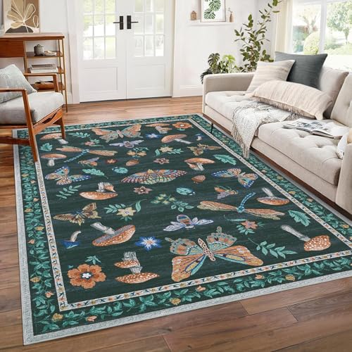GarveeHome Mushroom Rug 9x12 Large Living Room Rug Neutral Insect Bedroom Area Rug Floral Dining Room Carpet Stain Resistant Indoor Area Rug Black by GarveeHome - Image 8