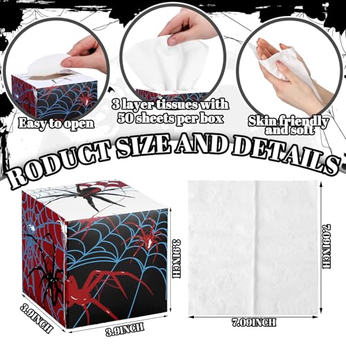 Image of Fourluoo 12 Pack Spider Facial Tissues Cube Boxes 600 Sheets 3 Ply | Small Spider web Square Face Tissues Bulk for Spider Birthday Party Decorations Car Bedroom Office Disposable Supplies