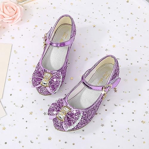 Yoawdats Girls Toddler Dress Shoes Sparkly Ruby Bowkno Flowert Wedding Party Bridesmaids Low Heel Princess Shoes for Kids (Purple, 17.7 cm)4