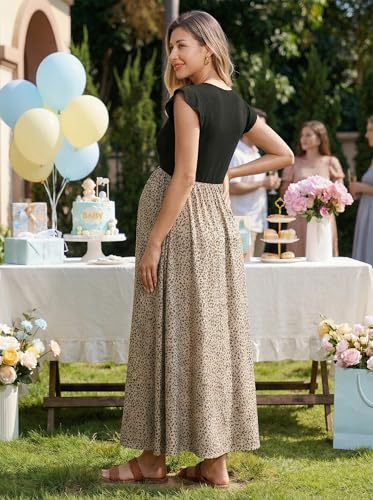 Image of OUGES Women's Maternity Dress Summer Ruffle Sleeve Patchwork Casual Flowy Maxi Dresses with Pockets