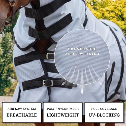 Image of Horse Fly Sheet with Attached Neck Cover & Tail Flap | UV Protection Mesh Horse Blanket, Full Body Bug & Sun Shield, Buckles, Belly Wrap & Gussets for Spring Summer Riding Rug (Silver, 74 inch)