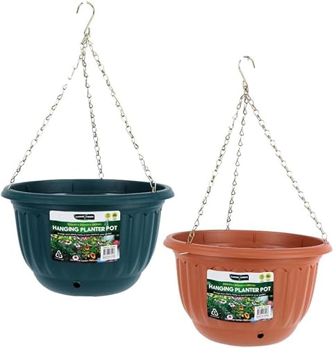 LEDON 30cm Hanging Planter Pot with Chains - Round Green & Terracotta Plant Pot for Indoor & Outdoor Plants - Includes Drainage Hole & Attached Chains for Easy Hanging (30x30x18cm) (2)