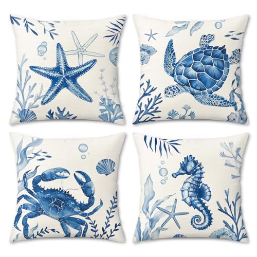Bonhause Housse de Coussin Côtier Bleu Marine 45 x 45 cm Tortue de mer Crabe Océan Plage Décoratif Taie d'oreiller pour Canapé Salon Chambre Chaise Patio...