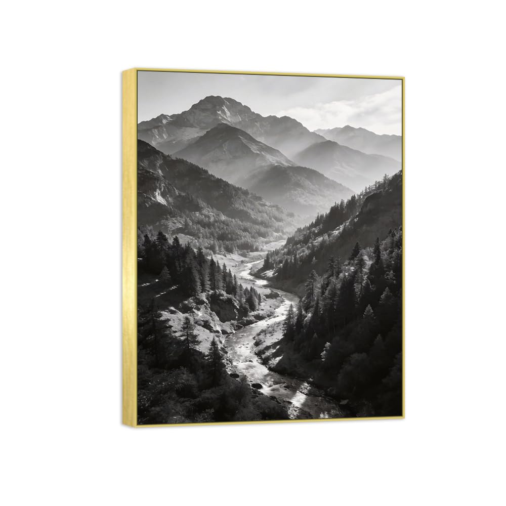 Forest River Black White Landscape Canvas Picture 90x117cm Gold Frame