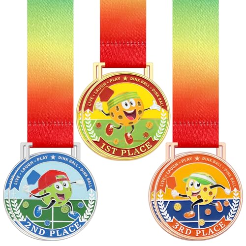 Junkin 6 Pcs 2.8 Dinkball Medals Set Gold Silver Bronze Wide Inspirational Tournament Awards Prizes for Dinkball Lovers Women Men 3 Designs with Ribbon