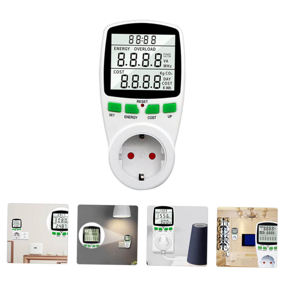 Misuratore di Consumo Elettrica con Display Lcd Digitale Ac230v | Max 16a, 50hz, Abs Bianco, Consumo 0, 5w, Lettura Retroilluminata, Uso Semplice
