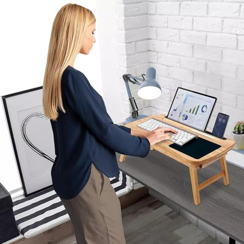 Image of VASIL MART A Versatile Laptop Table or lapdesk with a Spacious Working Area for Home That is Made of Solid Mango Wood and is adjustablefoldable, with Phone and Tablet Holder .(Natural)