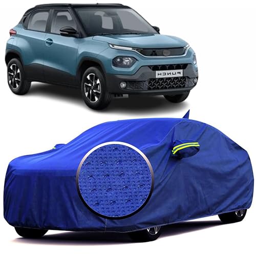 Image of 100% Waterproof 'BlueMax' Car Body Cover for Tata Punch with Mirror Pocket, Heat & UV Protection, Triple Stitched, Soft Lining, Full Bottom Elastic & Reflective Radium (Blue)