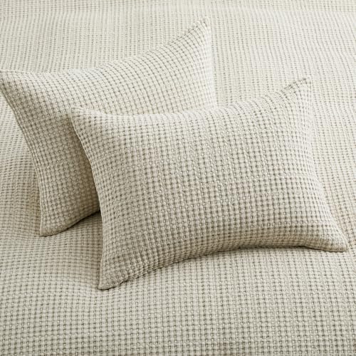 Image of Levtex Home Mills Waffle Full Bedspread Set (100x104in) with 2 Pillow Shams (26x20in) - Undyed Wheat - Cotton Waffle Full Size Bedspread Set - Lightweight, Soft, Pre-Washed