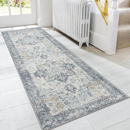 GENIMO Runner Rug 2x5, Machine Washable Non Slip Vintage Runner Rug, Low Pile Lighrweight Rugs for Entryway, Hallway, Kitchen and Corridor, Blue