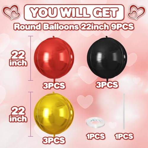 Image of 9 Pcs Red Black Gold Round Foil Balloons,22 Inch Round Balloons