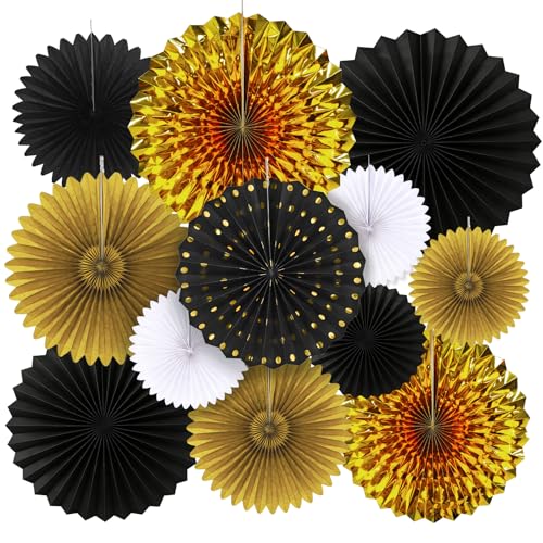 Black and Gold Party Decorations, 12-Pc Hanging Paper Fans for Birthdays