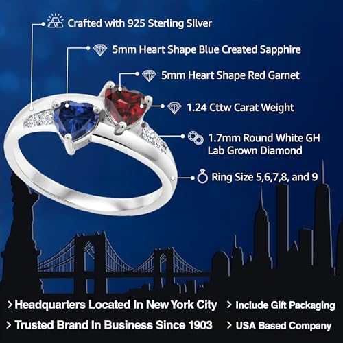 Gem Stone King 925 Sterling Silver Red Garnet and Blue Created Sapphire and Lab Grown Diamond Women Engagement Ring (1.24 Cttw. Heart Shape 5MM, Available in size 5, 6, 7, 8, 9)2