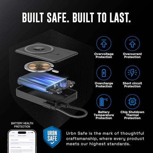 Image of URBN Slide Pro MagSafe 4-in-1 Wireless Power Bank 10000mAh with Kickstand | Designed for iPhone 12+, Apple Watch, AirPods & Qi Devices | MagTag Ring Included (Black)